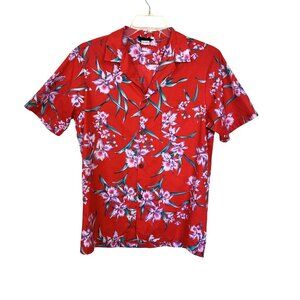 Vtg Mens Red Hawaiian Shirt Floral Les Tropiques Resortwear 100% Cotton Large